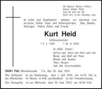 Todesanzeige von Kurt Heid von TRIERISCHER VOLKSFREUND