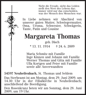Todesanzeige von Margareta Thomas von TRIERISCHER VOLKSFREUND
