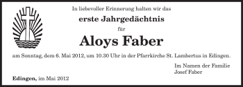 Todesanzeige von Aloys Faber von TRIERISCHER VOLKSFREUND