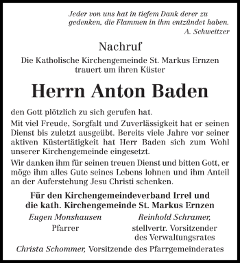 Todesanzeige von Anton Baden von trierischer_volksfreund
