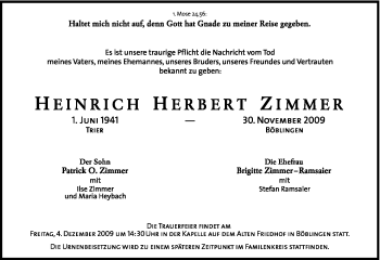 Todesanzeige von Heinrich Herbert Zimmer von TRIERISCHER VOLKSFREUND