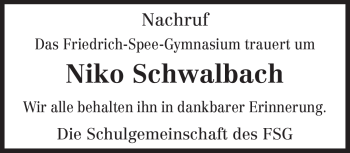 Todesanzeige von Niko Schwalbach von TRIERISCHER VOLKSFREUND