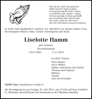 Todesanzeige von Liselotte Hamm von trierischer_volksfreund