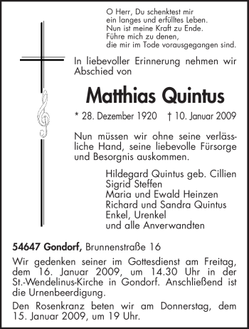 Todesanzeige von Matthias Quintus von TRIERISCHER VOLKSFREUND
