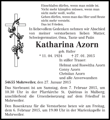 Todesanzeige von Katharina Azorn von trierischer_volksfreund