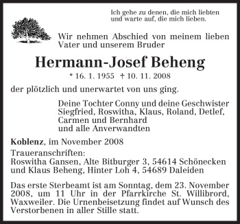 Todesanzeige von Hermann-Josef Beheng von TRIERISCHER VOLKSFREUND