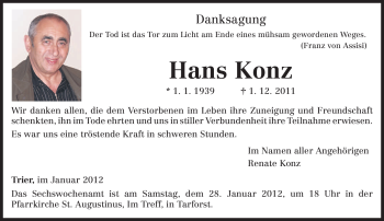 Todesanzeige von Hans Konz von TRIERISCHER VOLKSFREUND