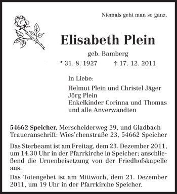 Todesanzeige von Elisabeth Plein von TRIERISCHER VOLKSFREUND