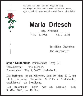 Todesanzeige von Maria Driesch von TRIERISCHER VOLKSFREUND