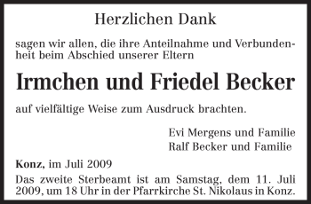 Todesanzeige von Irmchen Becker von TRIERISCHER VOLKSFREUND