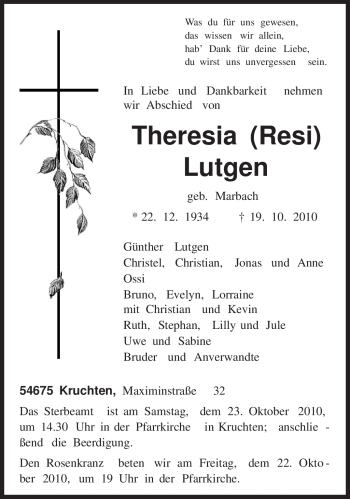 Todesanzeige von Theresia Lutgen von TRIERISCHER VOLKSFREUND