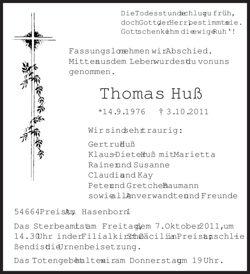  Traueranzeige für Thomas Huß vom 05.10.2011 aus TRIERISCHER VOLKSFREUND