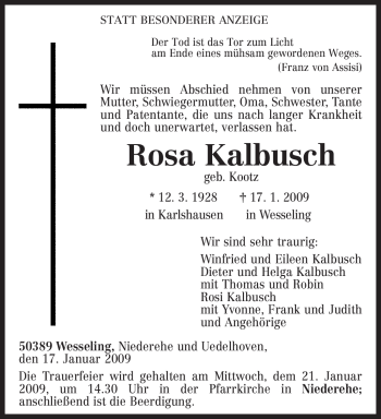 Todesanzeige von Rosa Kalbusch von TRIERISCHER VOLKSFREUND