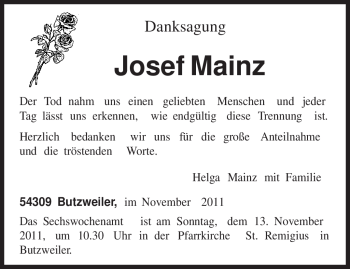 Todesanzeige von Josef Mainz von TRIERISCHER VOLKSFREUND