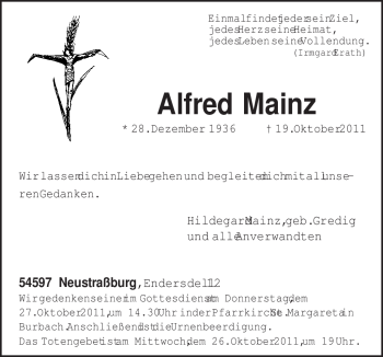 Todesanzeige von Alfred Mainz von TRIERISCHER VOLKSFREUND