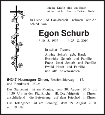 Todesanzeige von Egon Schurb von TRIERISCHER VOLKSFREUND