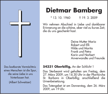 Todesanzeige von Dietmar Bamberg von TRIERISCHER VOLKSFREUND