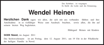Todesanzeige von Wendel Heinen von TRIERISCHER VOLKSFREUND