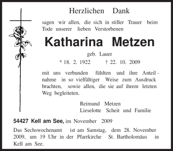 Todesanzeige von Katharina Metzen von TRIERISCHER VOLKSFREUND