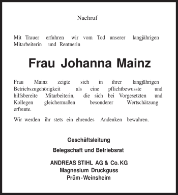 Todesanzeige von Johanna Mainz von TRIERISCHER VOLKSFREUND