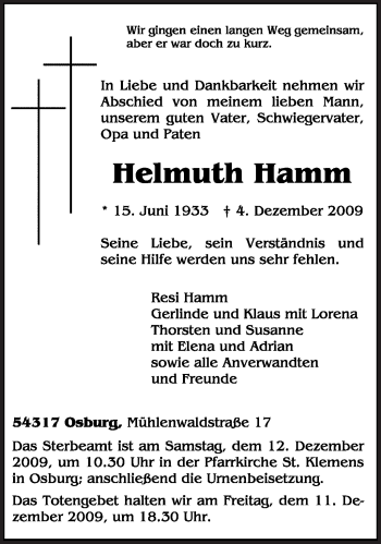 Todesanzeige von Helmuth Hamm von TRIERISCHER VOLKSFREUND