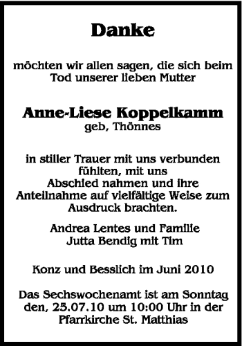 Todesanzeige von Anne-Liese Koppelkamm von TRIERISCHER VOLKSFREUND