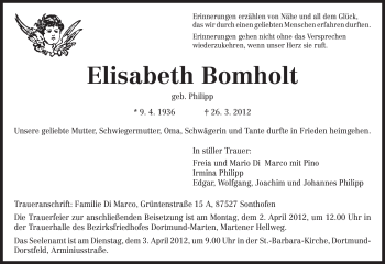 Todesanzeige von Elisabeth Bomholt von TRIERISCHER VOLKSFREUND
