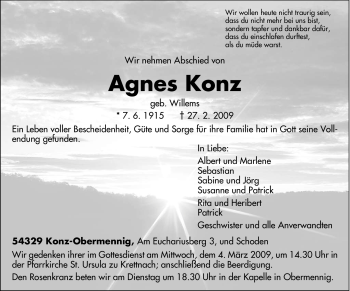 Todesanzeige von Agnes Konz von TRIERISCHER VOLKSFREUND