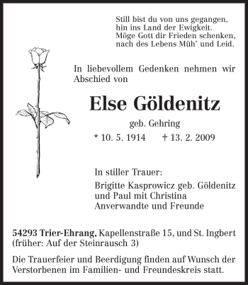 Todesanzeige von Else Göldenitz von TRIERISCHER VOLKSFREUND
