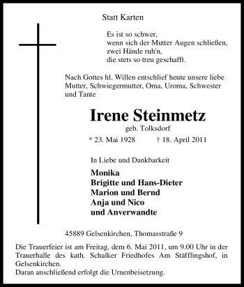 Todesanzeige von Irene Steinmetz von TRIERISCHER VOLKSFREUND