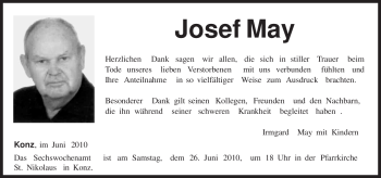 Todesanzeige von Josef May von TRIERISCHER VOLKSFREUND