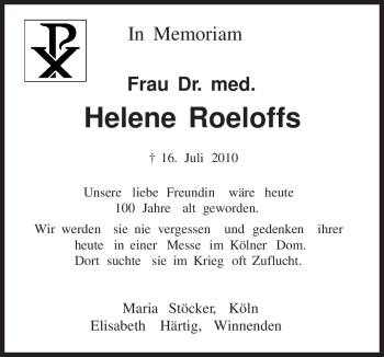 Todesanzeige von Helene Roeloffs von TRIERISCHER VOLKSFREUND