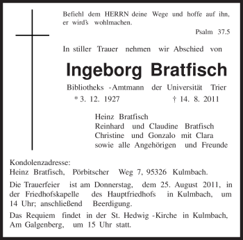 Todesanzeige von Ingeborg Bratfisch von TRIERISCHER VOLKSFREUND