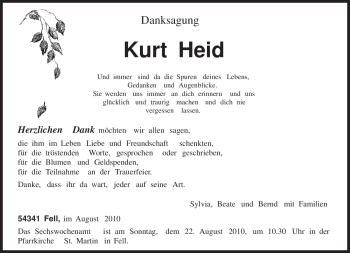Todesanzeige von Kurt Heid von TRIERISCHER VOLKSFREUND