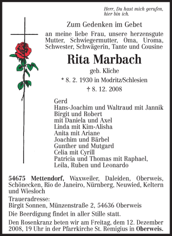 Todesanzeige von Rita Marbach von TRIERISCHER VOLKSFREUND