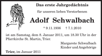 Todesanzeige von Adolf Schwalbach von TRIERISCHER VOLKSFREUND