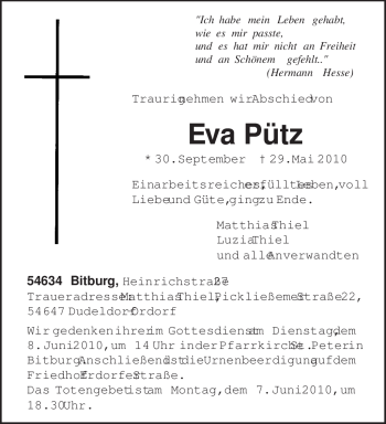 Todesanzeige von Eva Pütz von TRIERISCHER VOLKSFREUND