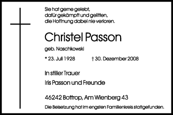 Todesanzeige von Christel Passon von TRIERISCHER VOLKSFREUND
