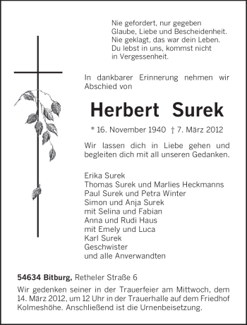 Todesanzeige von Herbert Surek von TRIERISCHER VOLKSFREUND