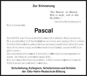 Todesanzeige von Pascal Unbekannt von TRIERISCHER VOLKSFREUND