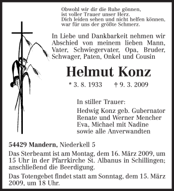 Todesanzeige von Helmut Konz von TRIERISCHER VOLKSFREUND