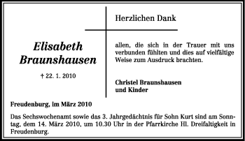 Todesanzeige von Elisabeth Braunshausen von TRIERISCHER VOLKSFREUND