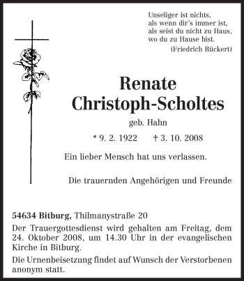 Todesanzeige von Renate Christoph-Scholtes von TRIERISCHER VOLKSFREUND