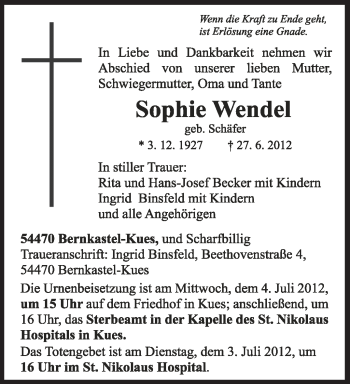Todesanzeige von Sophie Wendel von TRIERISCHER VOLKSFREUND