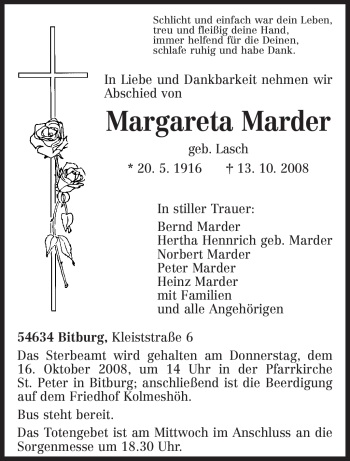 Todesanzeige von Margareta Marder von TRIERISCHER VOLKSFREUND