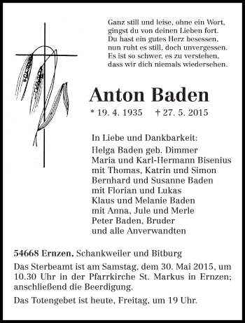 Todesanzeige von Anton Baden von trierischer_volksfreund