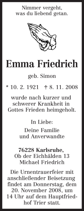Todesanzeige von Emma Friedrich von TRIERISCHER VOLKSFREUND