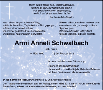 Todesanzeige von Armi Anneli Schwalbach von trierischer_volksfreund