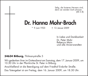 Todesanzeige von Hanna Mohr-Brach von TRIERISCHER VOLKSFREUND
