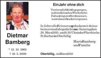 Todesanzeige von Dietmar Bamberg von TRIERISCHER VOLKSFREUND